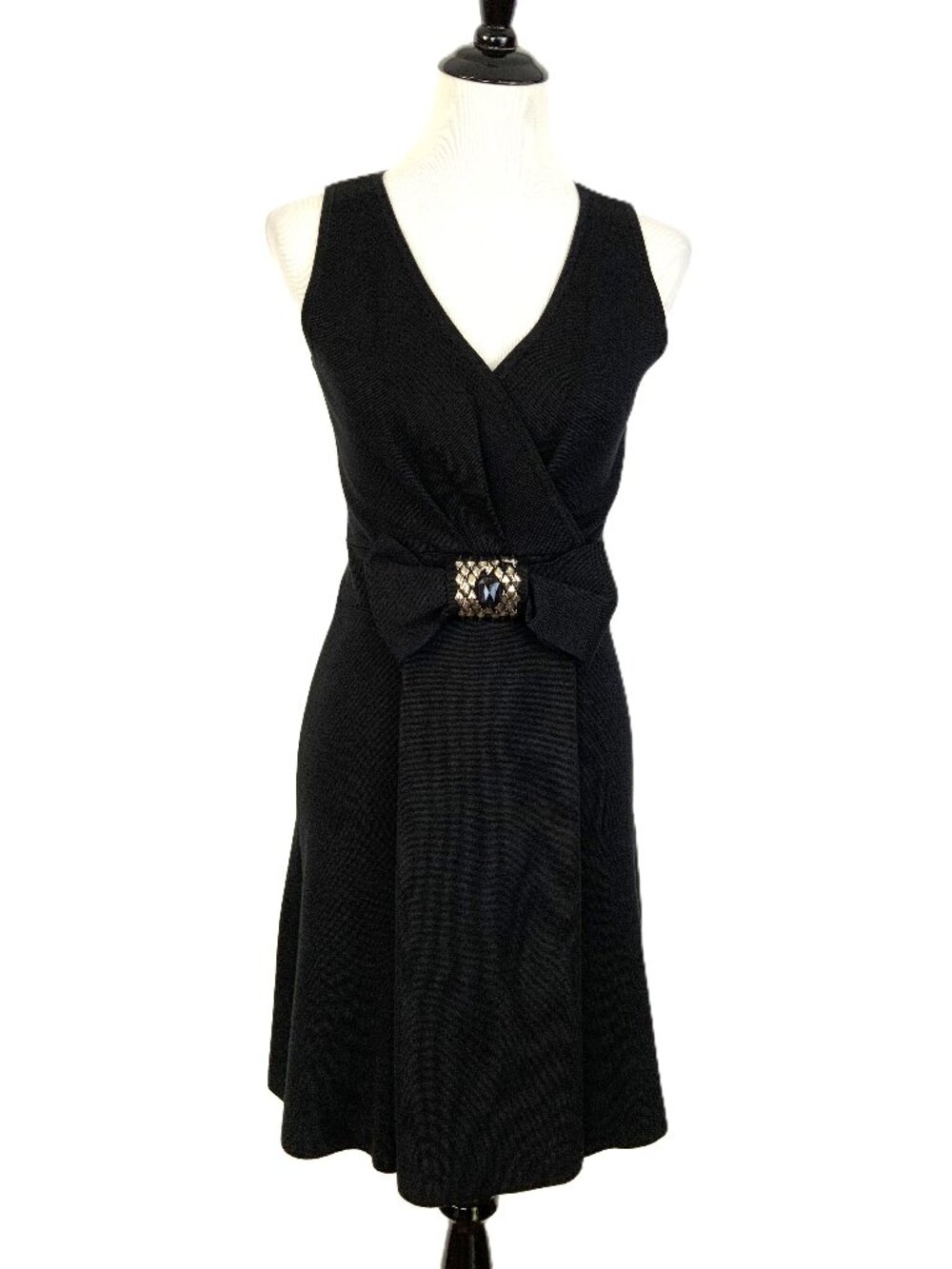 Etcetera Black Sleeveless Cocktail Dress Jeweled Bow Waist V-Neck Sz S